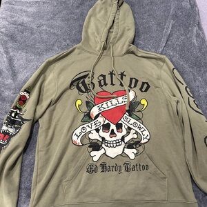 Ed Hardy Olive Hoodie with Tattoo Graphics